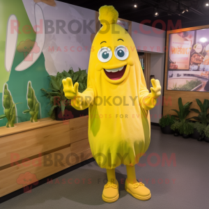 Lemon Yellow Goulash mascot costume character dressed with a Playsuit and Shoe laces