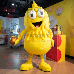 Lemon Yellow Goulash mascot costume character dressed with a Playsuit and Shoe laces