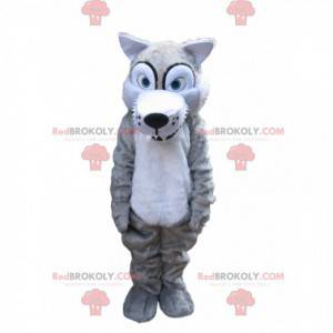 Mascote de lobo cinzento assustador com dentes grandes -