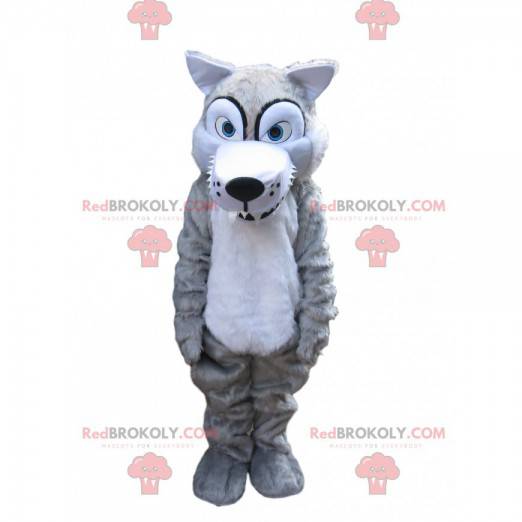 Enge grijze wolf mascotte met grote tanden - Redbrokoly.com