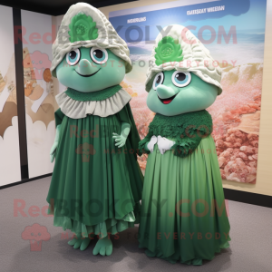 Forest Green Oyster mascot costume character dressed with a Maxi Dress and Cummerbunds