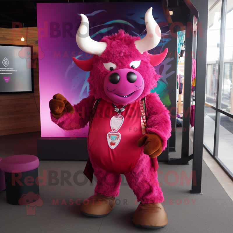 Magenta Minotaur mascot costume character dressed with a Dress Pants and Keychains Magenta Minotaur mascot costume character dressed with a Dress Pants and Keychains