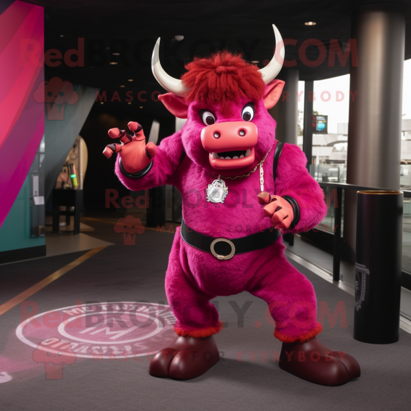 Magenta Minotaur mascot costume character dressed with a Dress Pants and Keychains Magenta Minotaur mascot costume character dressed with a Dress Pants and Keychains