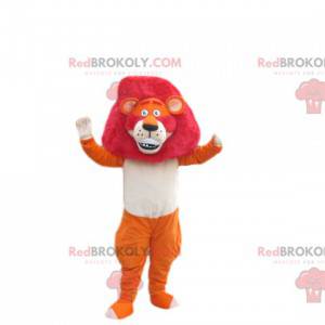 Orange lion mascot with a magnificent fuchsia mane -