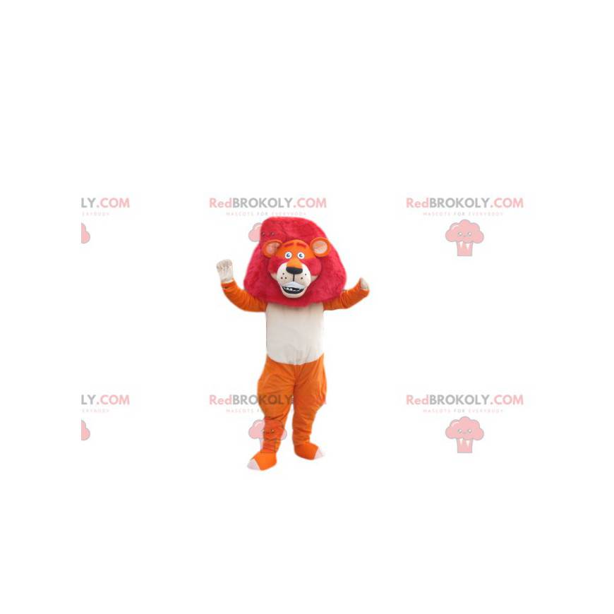 Mascotte leone arancione con una magnifica criniera fucsia -