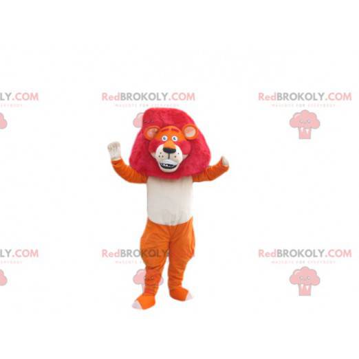 Mascotte leone arancione con una magnifica criniera fucsia -