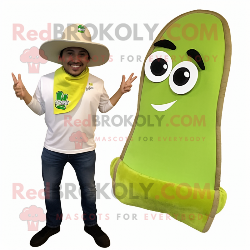 Lime Green Enchiladas mascot costume character dressed with a Henley Tee and Rings Lime Green Enchiladas mascot costume character dressed with a Henley Tee and Rings