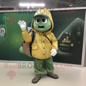 Olive Baseball Glove mascot costume character dressed with a Raincoat and Messenger bags
