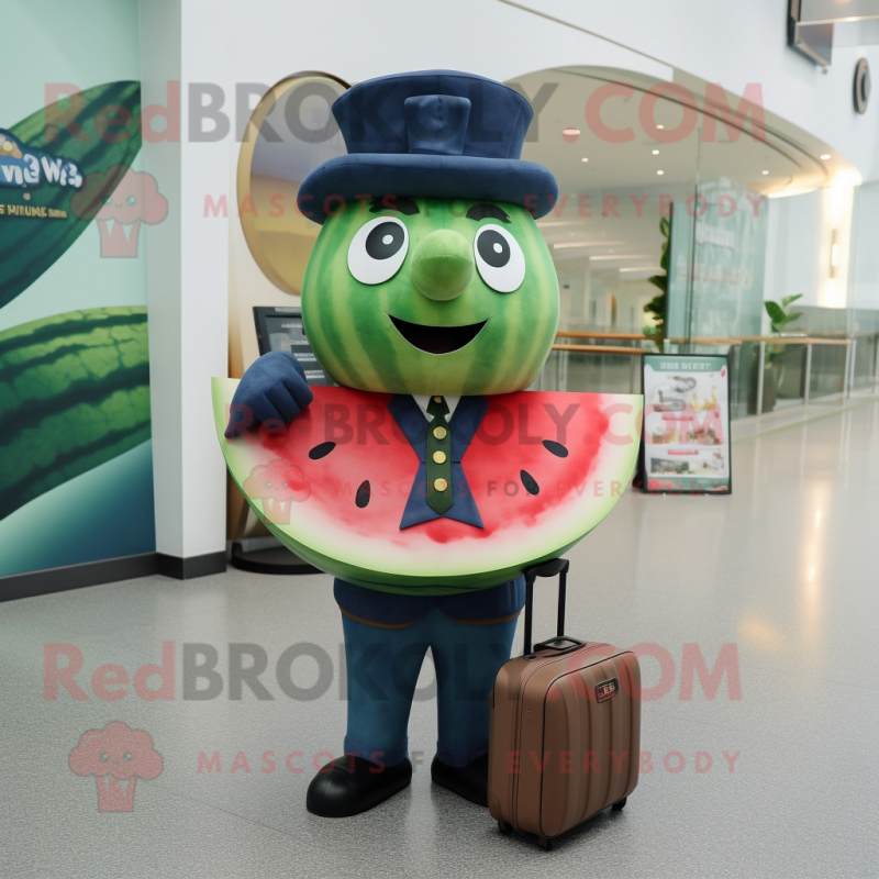 Navy Watermelon mascot costume character dressed with a Shift Dress and Briefcases Navy Watermelon mascot costume character dressed with a Shift Dress and Briefcases