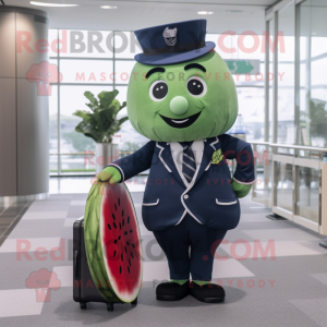 Navy Watermelon mascot costume character dressed with a Shift Dress and Briefcases