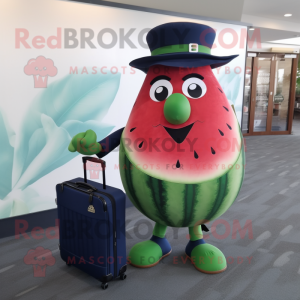 Navy Watermelon mascot costume character dressed with a Shift Dress and Briefcases