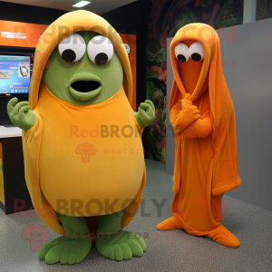 Olive Orange mascot costume character dressed with a Cover-up and Watches