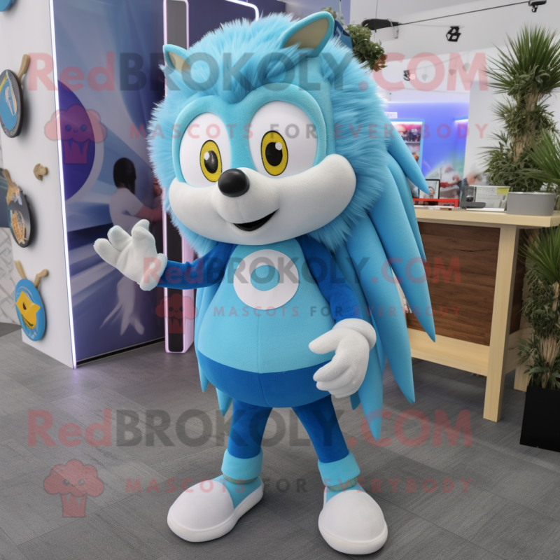 Sky Blue Hedgehog mascot costume character dressed with a Long Sleeve Tee and Rings Sky Blue Hedgehog mascot costume character dressed with a Long Sleeve Tee and Rings