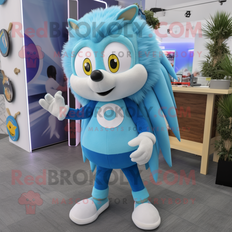 Sky Blue Hedgehog mascot costume character dressed with a Long Sleeve Tee and Rings