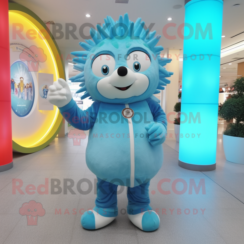 Sky Blue Hedgehog mascot costume character dressed with a Long Sleeve Tee and Rings Sky Blue Hedgehog mascot costume character dressed with a Long Sleeve Tee and Rings