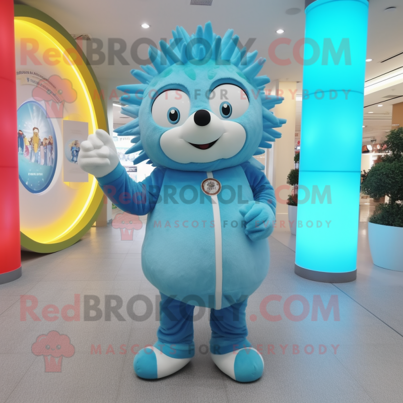 Sky Blue Hedgehog mascot costume character dressed with a Long Sleeve Tee and Rings