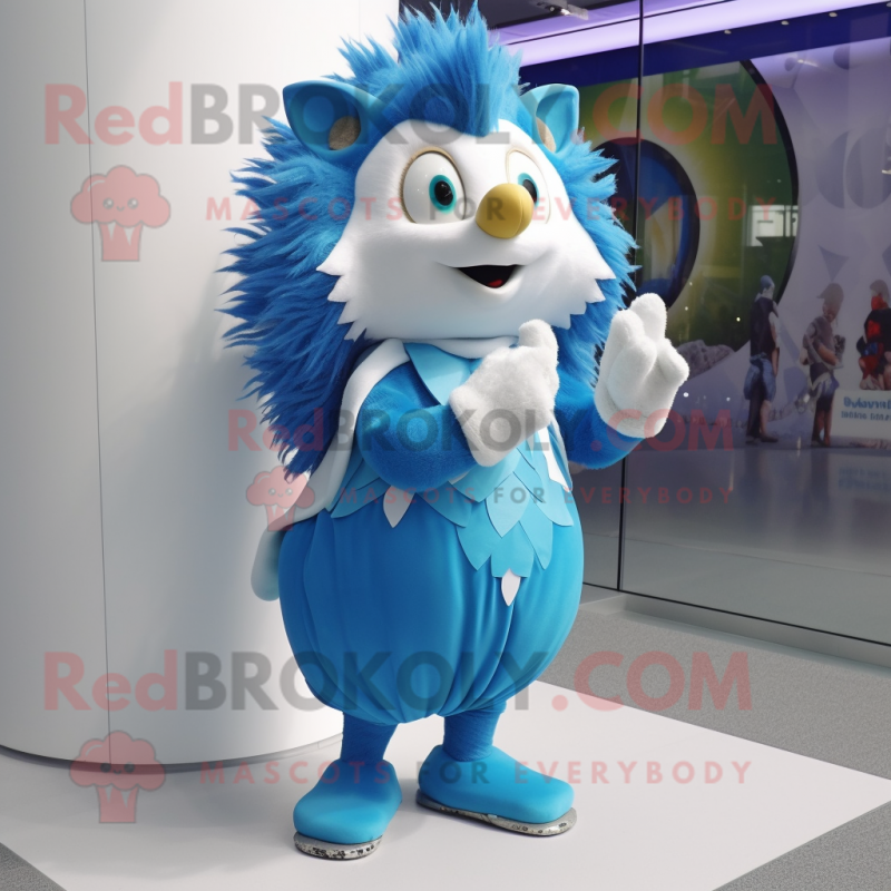 Sky Blue Hedgehog mascot costume character dressed with a Long Sleeve Tee and Rings