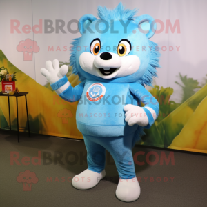 Sky Blue Hedgehog mascot costume character dressed with a Long Sleeve Tee and Rings