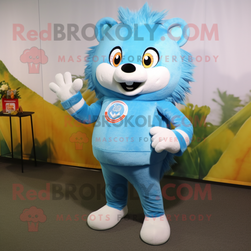 Sky Blue Hedgehog mascot costume character dressed with a Long Sleeve Tee and Rings Sky Blue Hedgehog mascot costume character dressed with a Long Sleeve Tee and Rings