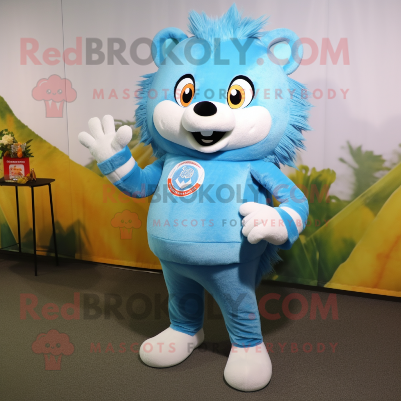 Sky Blue Hedgehog mascot costume character dressed with a Long Sleeve Tee and Rings