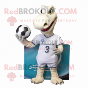 White Brachiosaurus mascot costume character dressed with a Rugby Shirt and Headbands