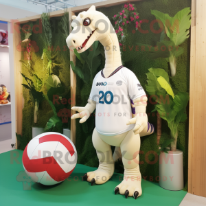 White Brachiosaurus mascot costume character dressed with a Rugby Shirt and Headbands