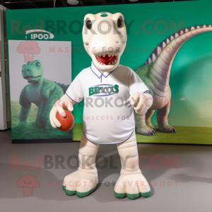 White Brachiosaurus mascot costume character dressed with a Rugby Shirt and Headbands