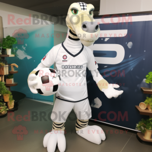 White Brachiosaurus mascot costume character dressed with a Rugby Shirt and Headbands