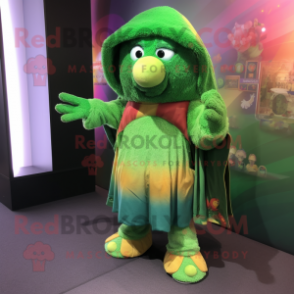 Green Rainbow mascot costume character dressed with a Parka and Shawls
