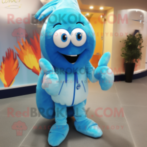 Sky Blue Shrimp Scampi mascot costume character dressed with a Jacket and Foot pads