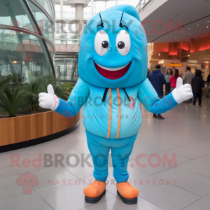 Sky Blue Shrimp Scampi mascot costume character dressed with a Jacket and Foot pads