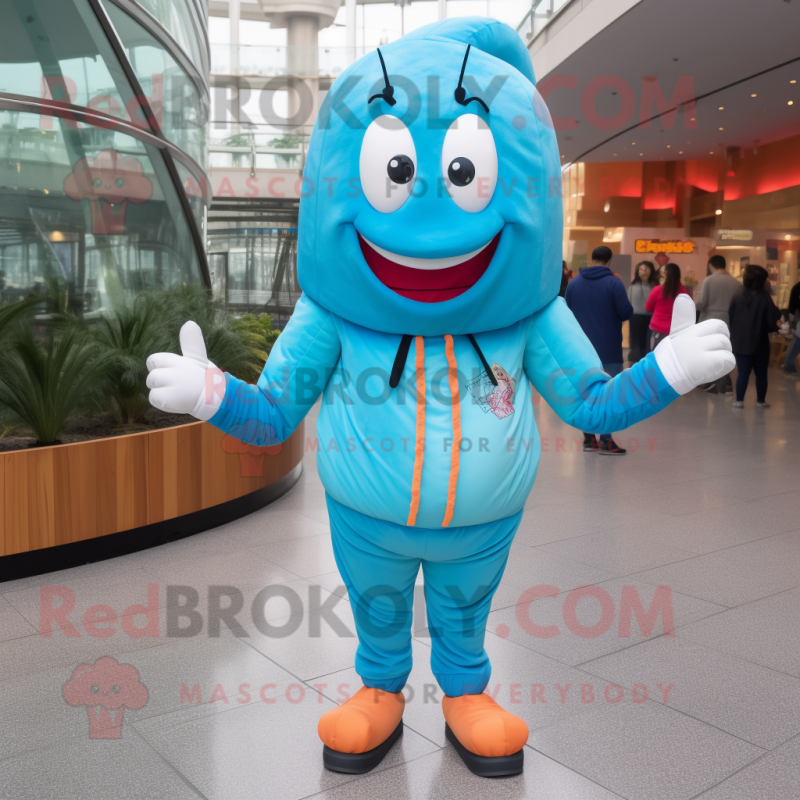 Sky Blue Shrimp Scampi mascot costume character dressed with a Jacket and Foot pads Sky Blue Shrimp Scampi mascot costume character dressed with a Jacket and Foot pads