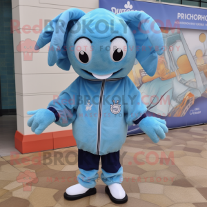 Sky Blue Shrimp Scampi mascot costume character dressed with a Jacket and Foot pads