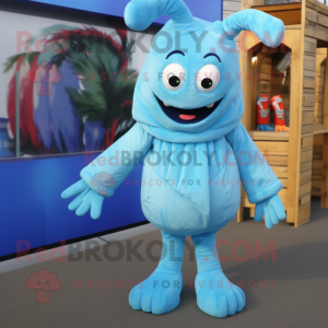 Sky Blue Shrimp Scampi mascot costume character dressed with a Jacket and Foot pads