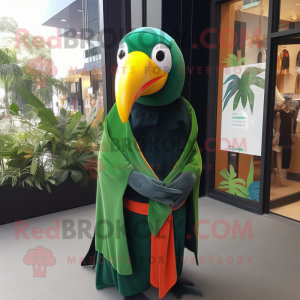 Forest Green Toucan mascot costume character dressed with a Jumpsuit and Scarves