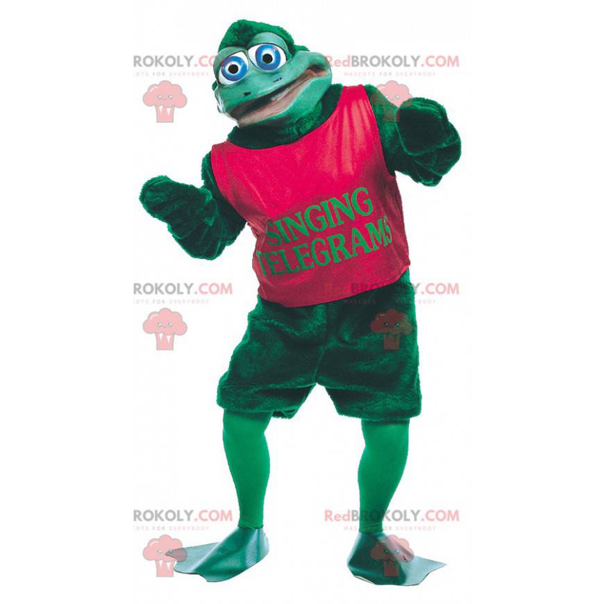 Green frog mascot with blue eyes - Redbrokoly.com