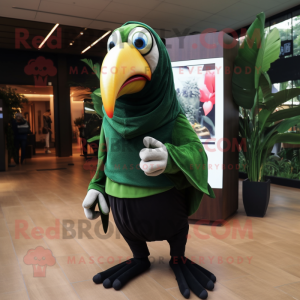 Forest Green Toucan mascot costume character dressed with a Jumpsuit and Scarves