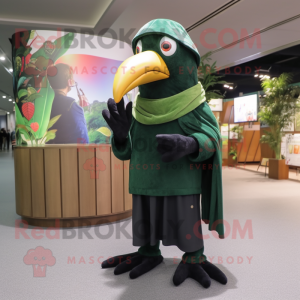 Forest Green Toucan mascot costume character dressed with a Jumpsuit and Scarves