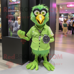 Lime Green Crow mascot costume character dressed with a Button-Up Shirt and Bracelet watches