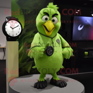 Lime Green Crow mascot costume character dressed with a Button-Up Shirt and Bracelet watches
