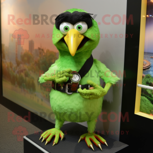 Lime Green Crow mascot costume character dressed with a Button-Up Shirt and Bracelet watches