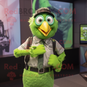 Lime Green Crow mascot costume character dressed with a Button-Up Shirt and Bracelet watches