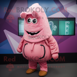 Pink Beef Wellington mascot costume character dressed with a Hoodie and Hat pins