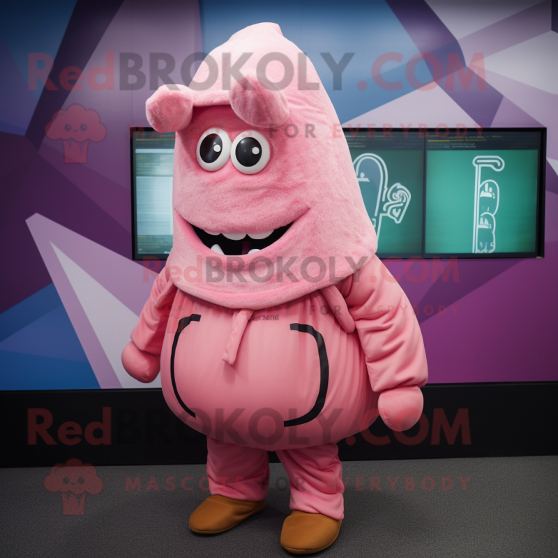 Pink Beef Wellington mascot costume character dressed with a Hoodie and Hat pins Pink Beef Wellington mascot costume character dressed with a Hoodie and Hat pins