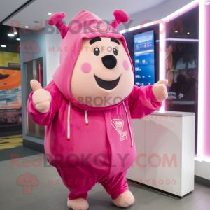 Pink Beef Wellington mascot costume character dressed with a Hoodie and Hat pins