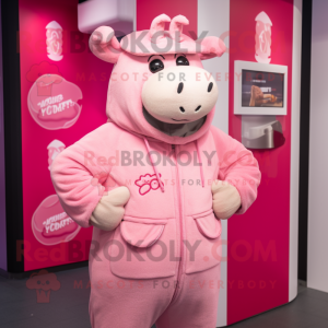 Pink Beef Wellington mascot costume character dressed with a Hoodie and Hat pins