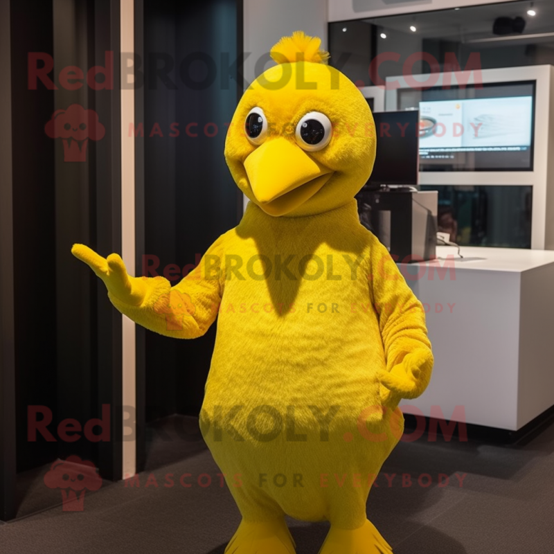 Yellow Canary mascot costume character dressed with a Playsuit and Mittens