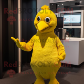 Yellow Canary mascot costume character dressed with a Playsuit and Mittens