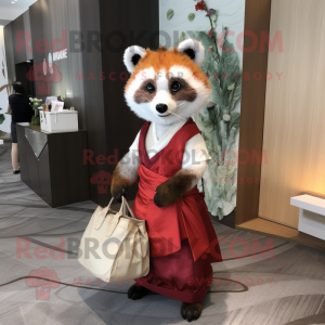 Gray Red Panda mascot costume character dressed with a Wedding Dress and Tote bags