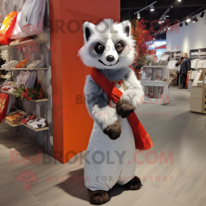 Gray Red Panda mascot costume character dressed with a Wedding Dress and Tote bags